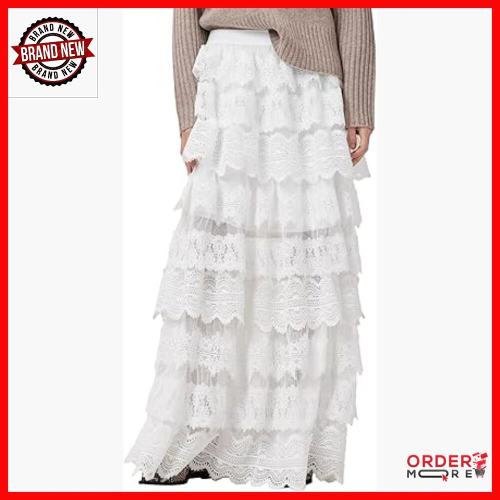 Lace Maxi Skirt High Rise Pull On Spring Summer Casual